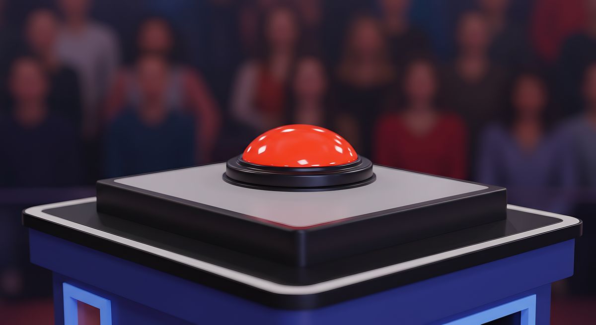 A red button at a Jeopardy game
