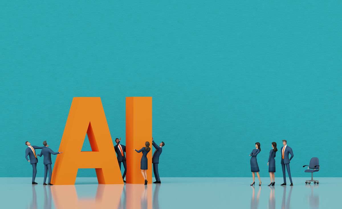 Business people are mowing AI letters, artificial intelligence concept 3D rendering