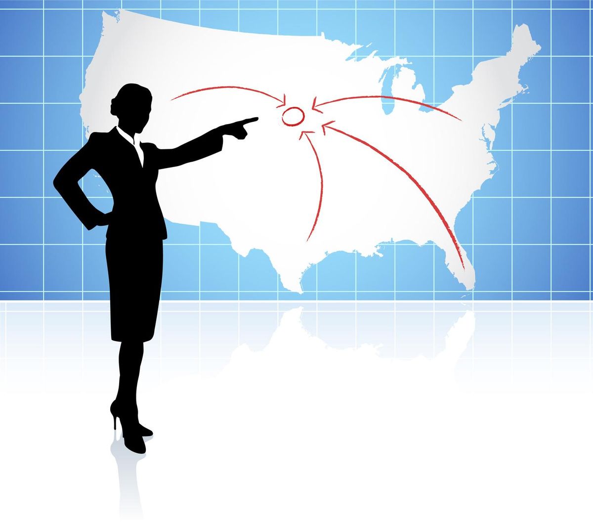 businesswoman pointing at US map