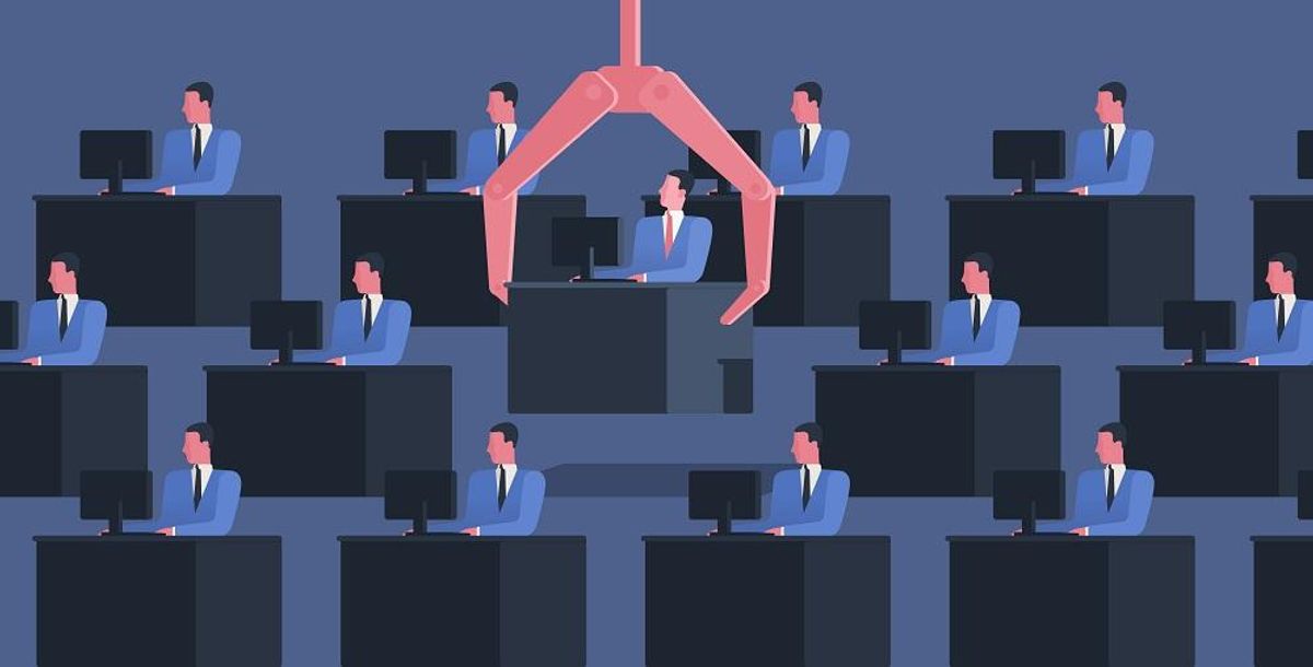Identical people sit at desks with computers and large robotic arm grabbing one of them. Concept of dismissal of employee, office worker or clerk. Colorful vector illustration in flat cartoon style.