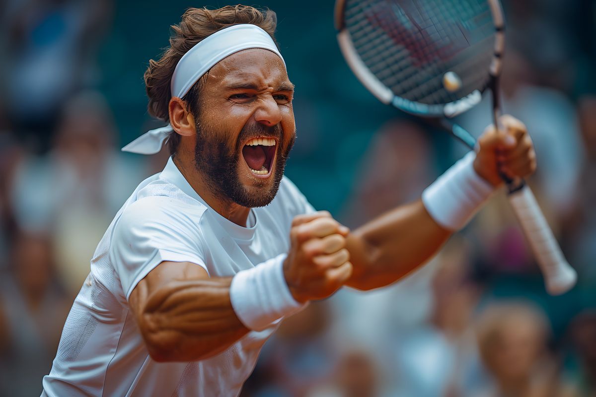 Male tennis player celebrating after winning tournament game