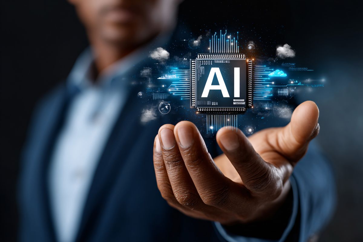 Small business owner interacting with AI artificial intelligence
